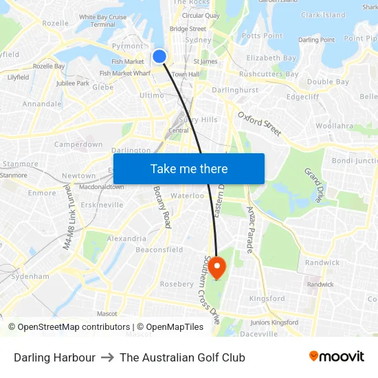 Darling Harbour to The Australian Golf Club map