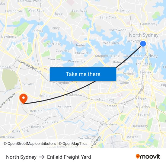 North Sydney to Enfield Freight Yard map