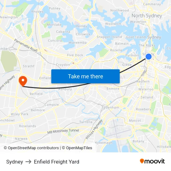Sydney to Enfield Freight Yard map