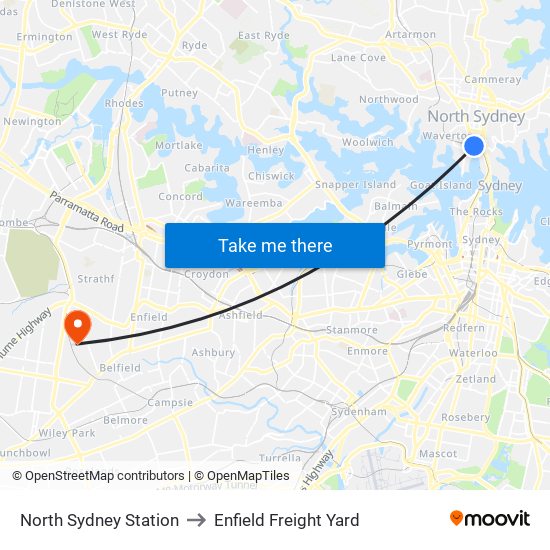 North Sydney Station to Enfield Freight Yard map