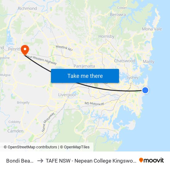 Bondi Beach to TAFE NSW - Nepean College Kingswood map