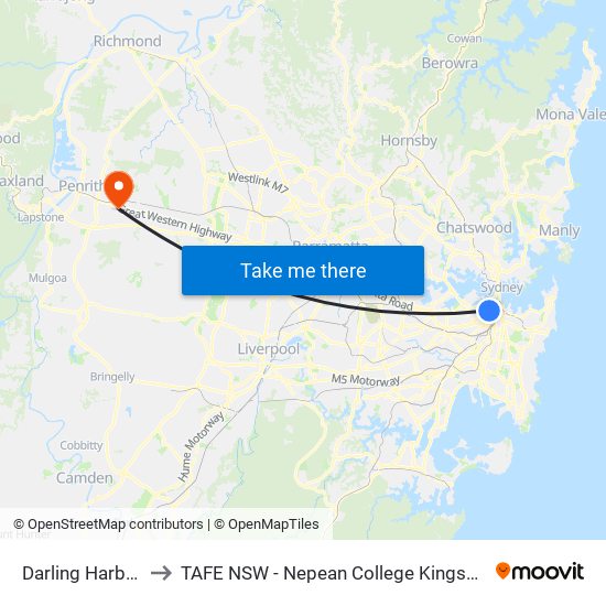 Darling Harbour to TAFE NSW - Nepean College Kingswood map