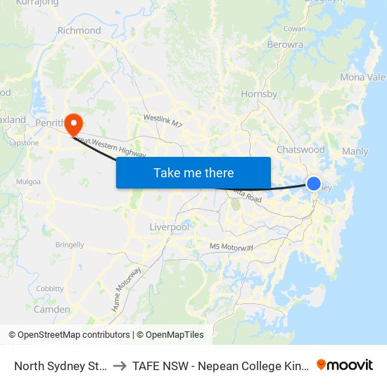 North Sydney Station to TAFE NSW - Nepean College Kingswood map