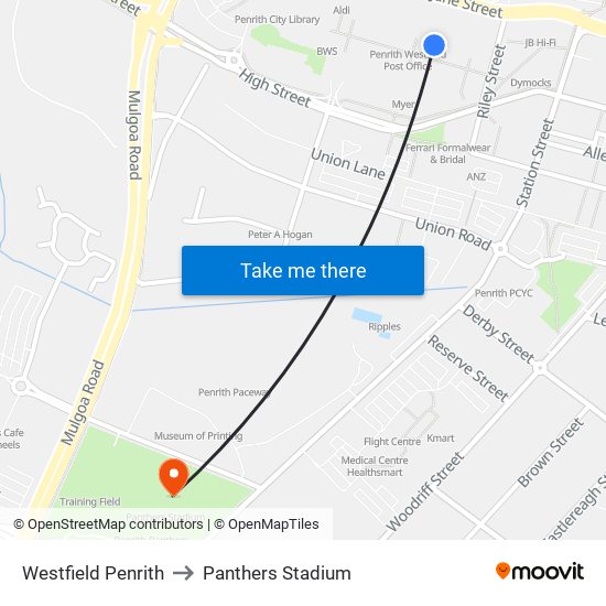 Westfield Penrith to Panthers Stadium map