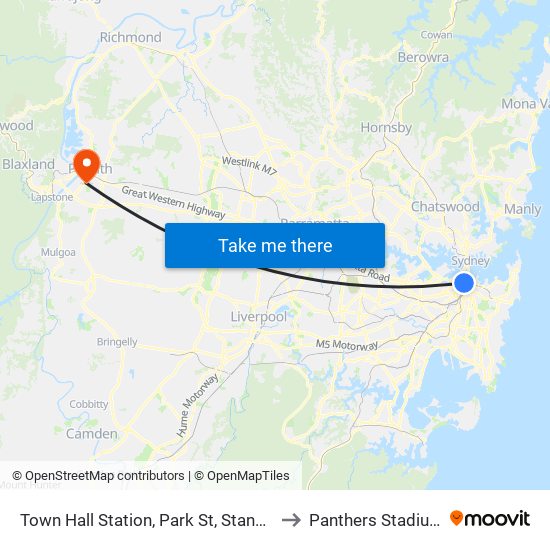 Town Hall Station, Park St, Stand J to Panthers Stadium map