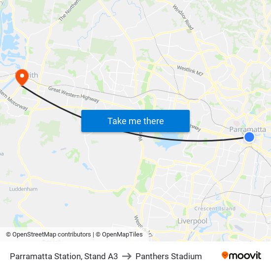 Parramatta Station, Stand A3 to Panthers Stadium map