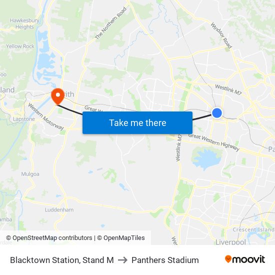 Blacktown Station, Stand M to Panthers Stadium map