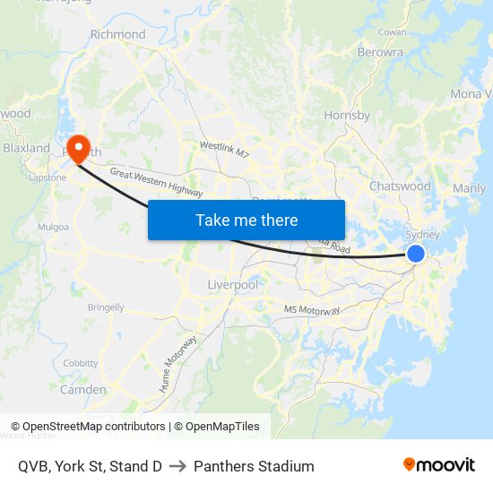 QVB, York St, Stand D to Panthers Stadium map