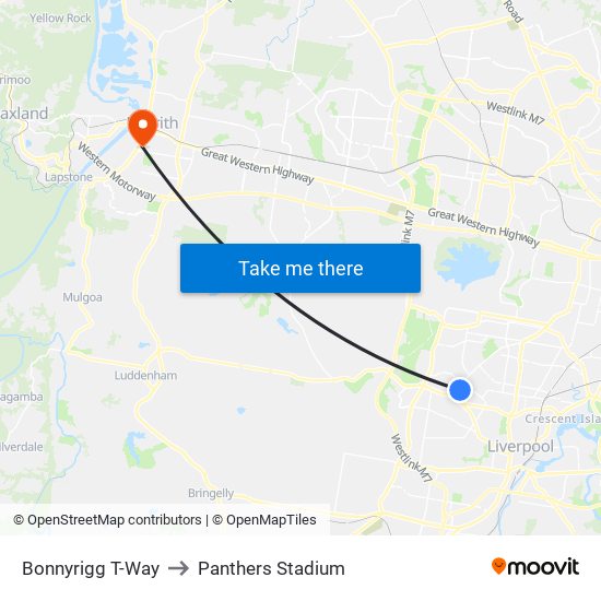Bonnyrigg T-Way to Panthers Stadium map