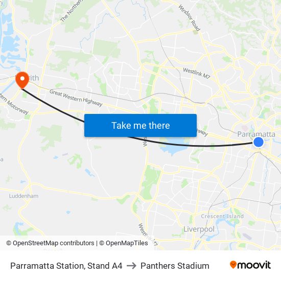 Parramatta Station, Stand A4 to Panthers Stadium map