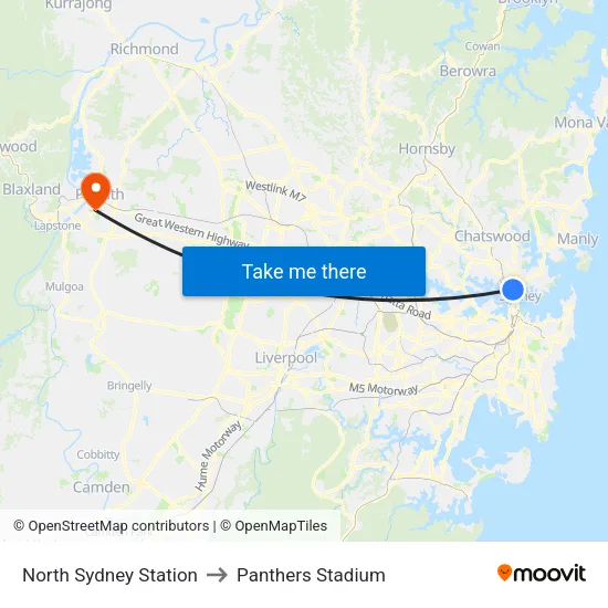 North Sydney Station to Panthers Stadium map