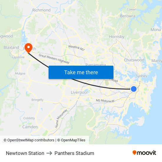 Newtown Station to Panthers Stadium map
