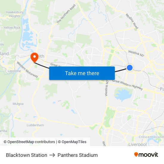 Blacktown Station to Panthers Stadium map