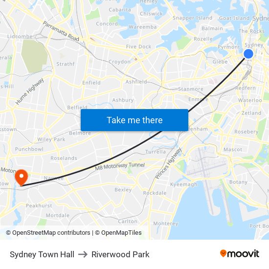 Sydney Town Hall to Riverwood Park map