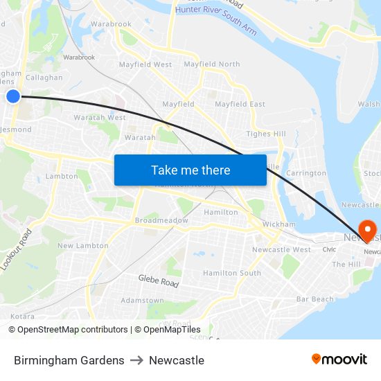 Birmingham Gardens to Newcastle map