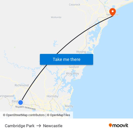Cambridge Park to Newcastle map