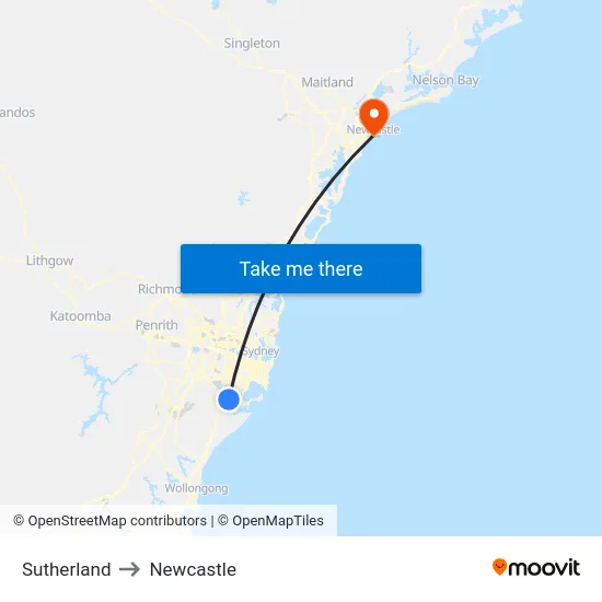 Sutherland to Newcastle map