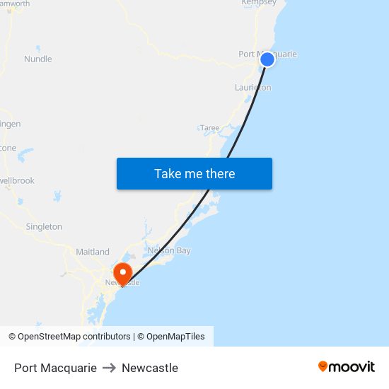 Port Macquarie to Newcastle map