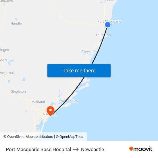 Port Macquarie Base Hospital to Newcastle map
