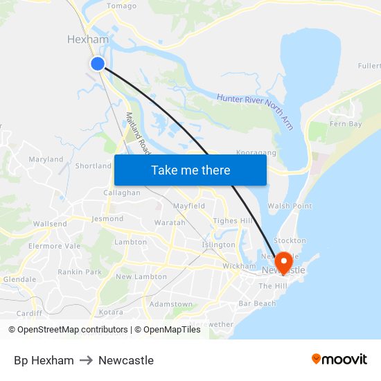 Bp Hexham to Newcastle map