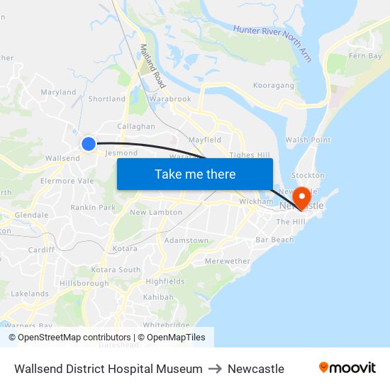 Wallsend District Hospital Museum to Newcastle map