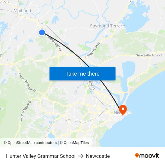 Hunter Valley Grammar School to Newcastle map
