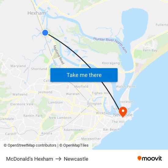 Mcdonald's Hexham to Newcastle map