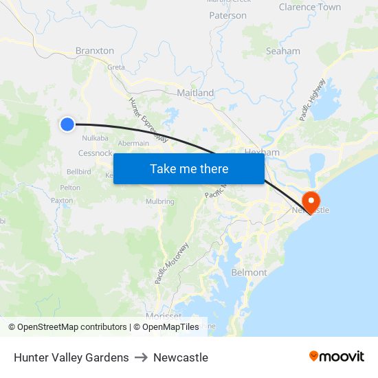 Hunter Valley Gardens to Newcastle map