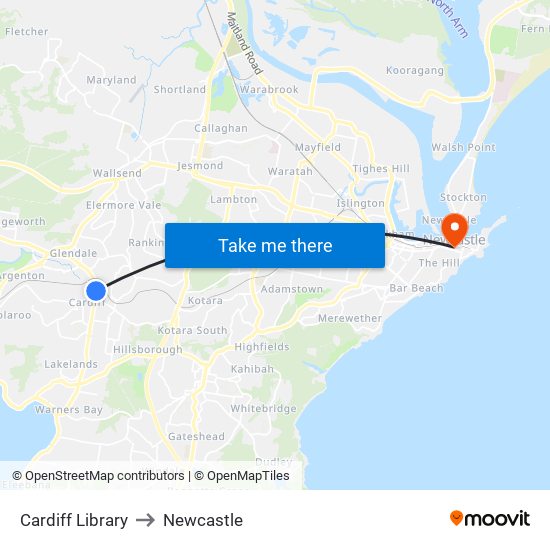Cardiff Library to Newcastle map