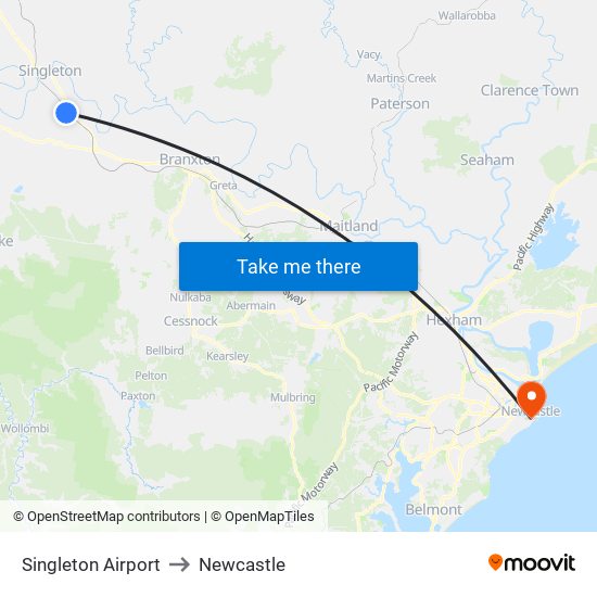 Singleton Airport to Newcastle map