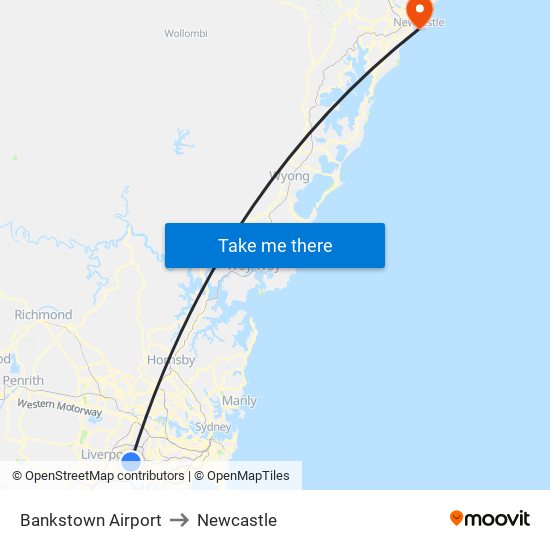 Bankstown Airport to Newcastle map