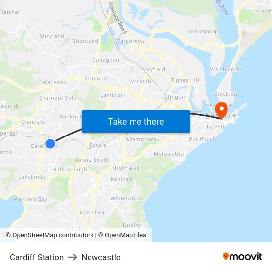 Cardiff Station to Newcastle map