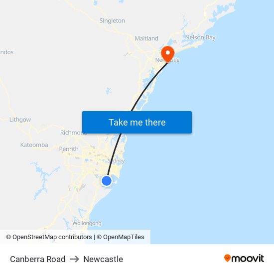 Canberra Road to Newcastle map