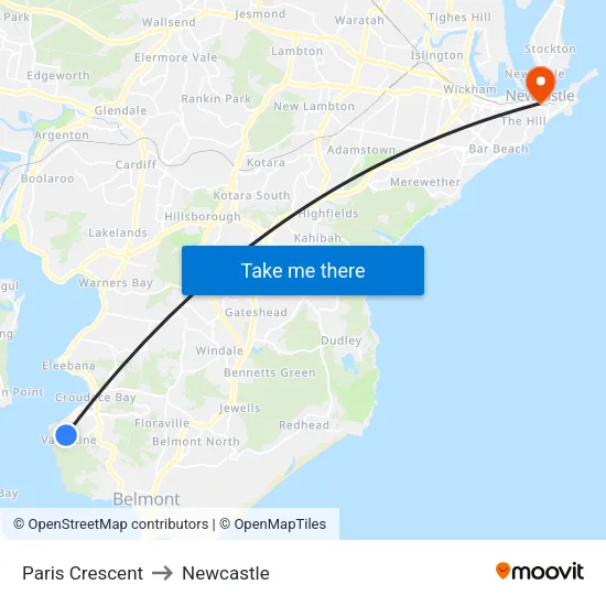 Paris Crescent to Newcastle map