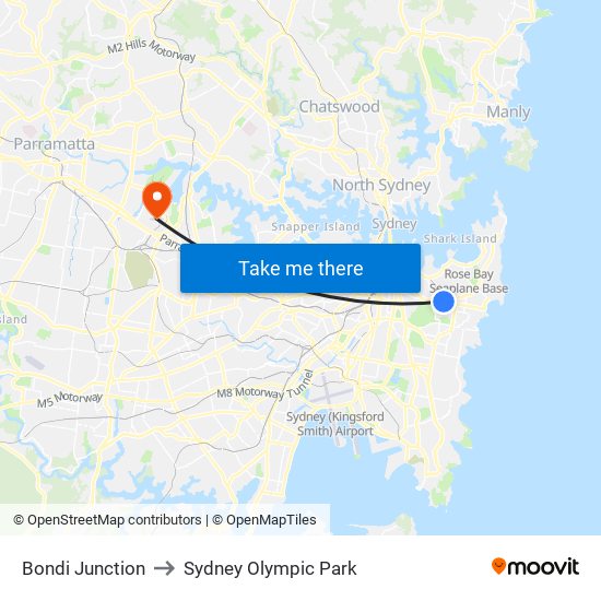 Bondi Junction to Sydney Olympic Park map