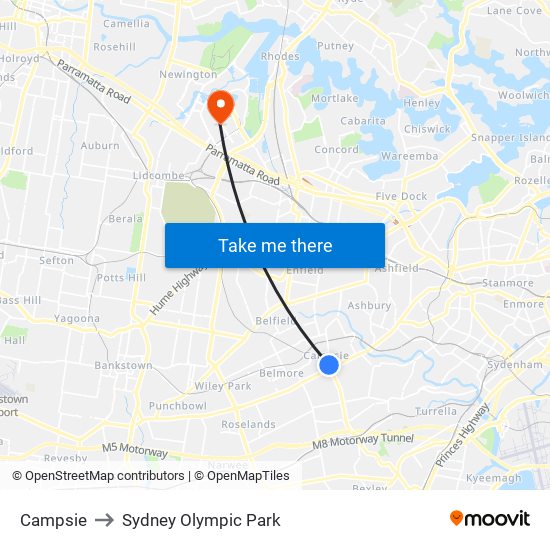 Campsie to Sydney Olympic Park map