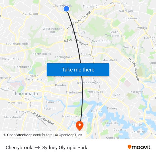Cherrybrook to Sydney Olympic Park map