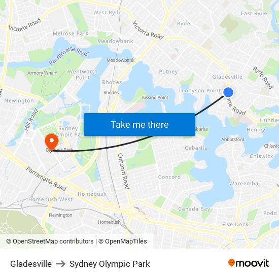 Gladesville to Sydney Olympic Park map