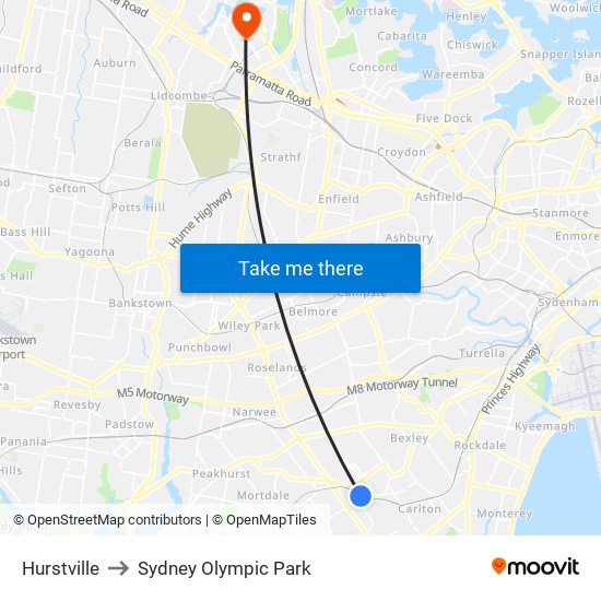 Hurstville to Sydney Olympic Park map