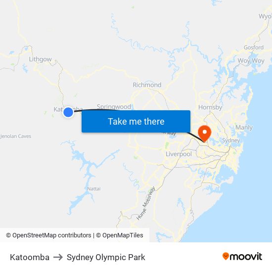 Katoomba to Sydney Olympic Park map