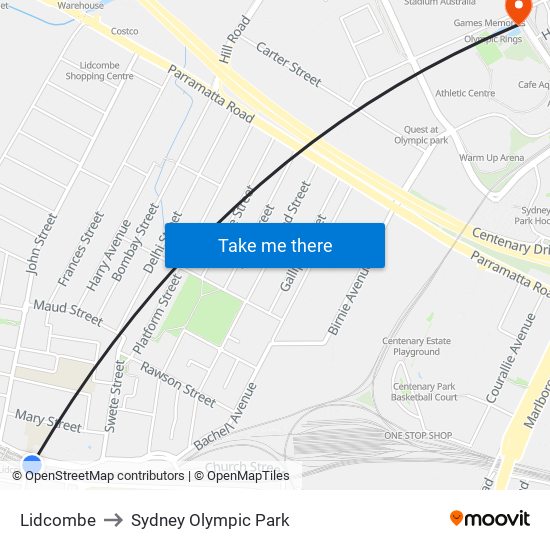 Lidcombe to Sydney Olympic Park map