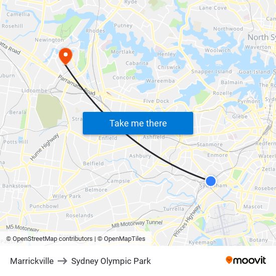 Marrickville to Sydney Olympic Park map