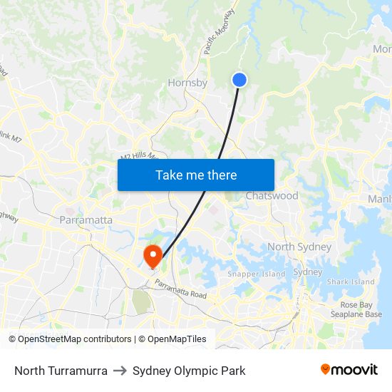 North Turramurra to Sydney Olympic Park map