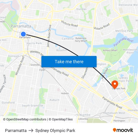 Parramatta to Sydney Olympic Park map