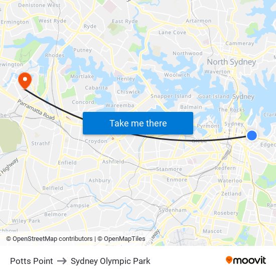 Potts Point to Sydney Olympic Park map