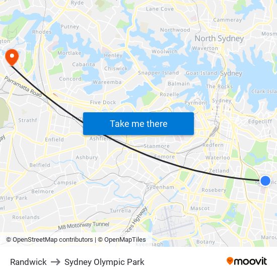 Randwick to Sydney Olympic Park map