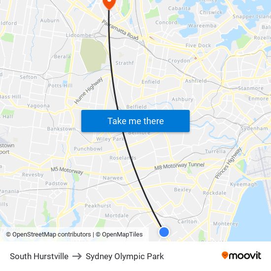 South Hurstville to Sydney Olympic Park map