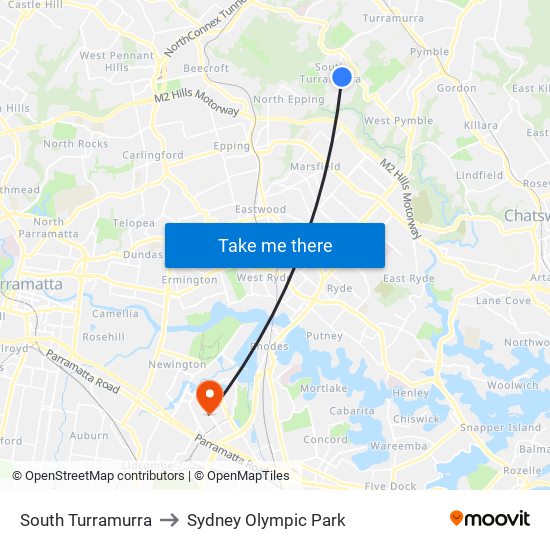 South Turramurra to Sydney Olympic Park map