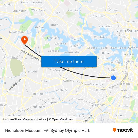 Nicholson Museum to Sydney Olympic Park map