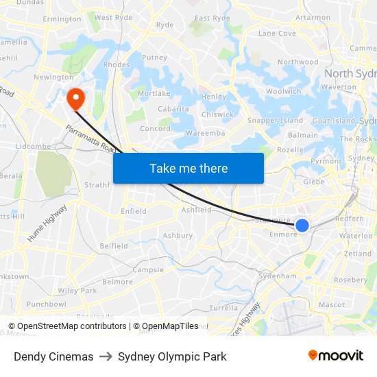 Dendy Cinemas to Sydney Olympic Park map